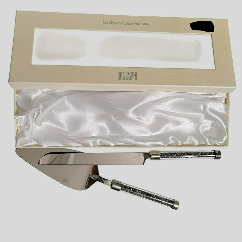 Oleg Cassini Crystal Hematite Cake Knife & Server Set, Wedding Anniversary